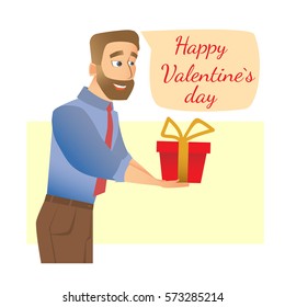 Man gives a gift. Valentines day flat vector illustration