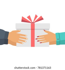 Man gives a gift to a woman. Cardboard box in hands. Receive gift Valentine's Day, Christmas. Vector illustration flat design. Isolated white background. White cardboard box with red ribbon and bow.