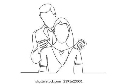 man gives gift to woman .man wears jewelry necklace around woman's neck.continuous line vector