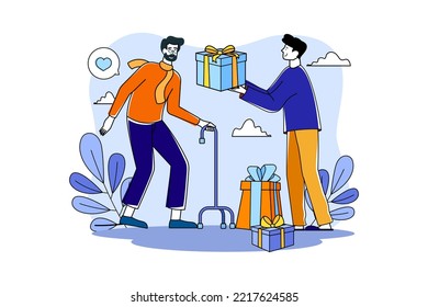 El hombre da regalos a los ancianos