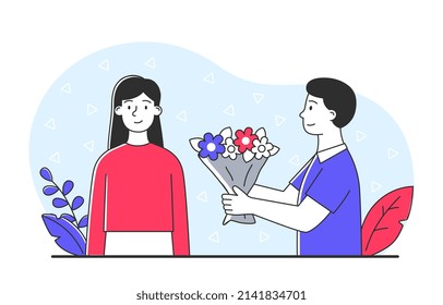 Man gives girl bouquet. Romantic date, love care, Unexpected gifts and design for greeting cards. Boy and girl for walk. Husband and wife in nature, happy couple. Cartoon flat vector illustration