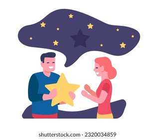 Man gives girl star from heaven as symbol of love and sacrifice. Guy reaches space for woman. Night starry sky. Romantic dating. Boyfriend gifting present to girlfriend