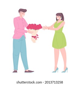 Man gives girlfriend bouquet of flowers vector illustration