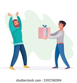 man gives a guy a box with a gift, surprise, joy, holiday, birthday, vector illustration