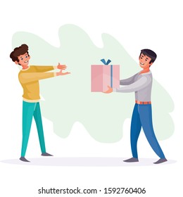 man gives a guy a box with a gift, surprise, joy, holiday, birthday, vector illustration