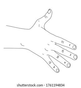 El hombre da la mano en un fondo blanco. Símbolo lineal de saludo y cordialidad. Ilustración vectorial de una mano humana. Para diseño, carteles, carteles, blogs de noticias.