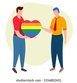 Man gives heart to another man. Gay couple isolated on white background. Nontraditional relationships between people. Lgbt concept vector illustration in cartoon flat style.