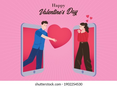A man gives a heart to his partner through a cell phone celebrating Valentine's Day