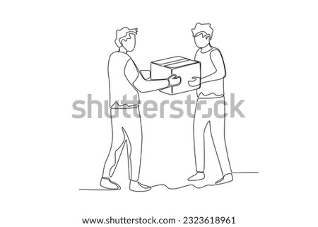 A man gives a help box to his friend. World humanitarian day one-line drawing