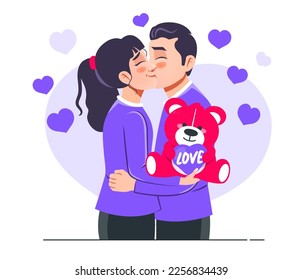 A man gives his girlfriend a teddy bear on teddy day, Couple in love relationship celebrate romantic holiday. Flat style vector Illustration scene isolated on white background for blogging, website.