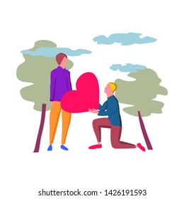 Man gives his heart to woman. Concept for dating or searching for romantic partner on internet. Flat cartoon colorful vector illustration.