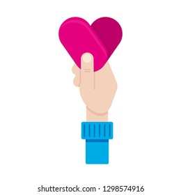 A man gives his love and heart at Valentine's Day. Vector in flat style