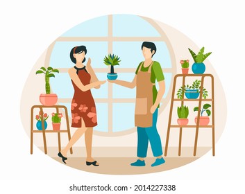 Man gives houseplant to girl. Male character in an apron giving decorative flower to joyful woman. Racks with interior exotic plants and round wide window. Vector flat illustration