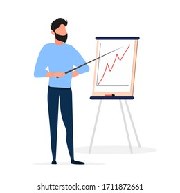 The man gives an idea. The guy shows a report with positive dynamics. Board for paper. Infographics. Business growth. Isolated. Vector.