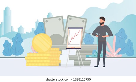 El hombre da una idea. El tipo muestra un informe con dinámica positiva. Cartel de papel. Infografía. Crecimiento empresarial. Vector.