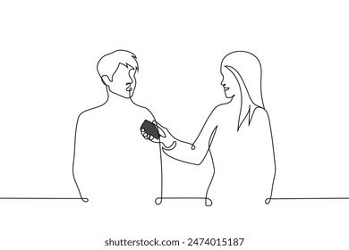 man gives an interview to a woman with a buttonhole - one line art vector. interview concept, eyewitness commentary, social street survey. Handmade vector not AI