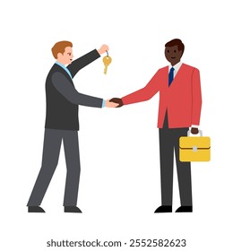 Man gives a key to a black man. Vector simple color flat illustration.
