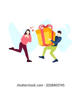 man gives a large gift box to his girlfriend love couple people character vector illustration flat design