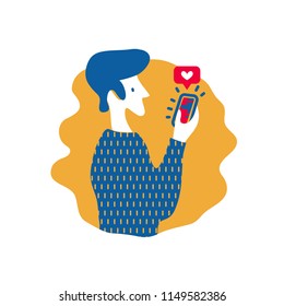 Man gives like on social media mobile app. Vector illustration in flat style about using social networks. Concept of increasing social media engagement. EPS10.