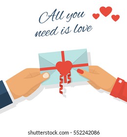 Man gives love letter in hands woman. All you need is love. Letter decorated with ribbons and red heart, symbol. Love note. Celebrating Valentine's Day. Vector flat design.