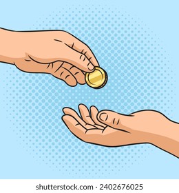 Man gives money coin to another man pinup pop art retro hand drawn vector illustration. Comic book style imitation.