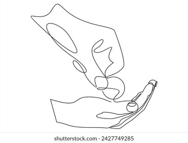 Man gives money coin to another man pinup.Continuous line art or One Line Drawing	