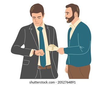 A man gives money to a man who looks at his watch. The man returns a long-standing debt to the creditor. Flat vector illustration.