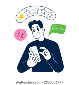 Man gives negative feedback on bad service, client leaves negative feedback on social media, writes angry comments using smartphone, thumbs down gesture, bad review, vector illustration