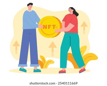 El hombre le da la moneda de NFT a la mujer, el intercambio durante la inversión. Carácter de diseño. Ilustración plana de Vector