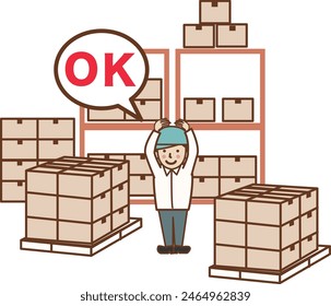 A man gives an OK sign at a warehouse.