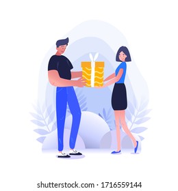 Man gives a present or important box to his office colleague or team member. Corporate colors, business flat vector illustration. For the print, landing page, any design production.