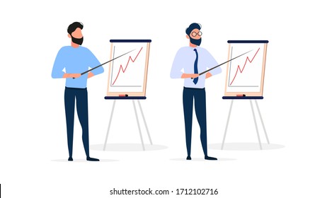 Un hombre da una presentación. El tipo muestra un informe con dinámica positiva. Junta de papel. Infografía. Crecimiento empresarial. Aislado. Vector.