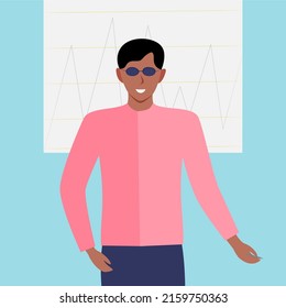 A man gives a presentation with a pen in his hands. Business and fashion concept. Flat vector illustration.