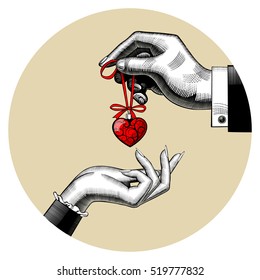 O homem dá um coração vermelho na mão da mulher. Desenho estilizado vintage. Ilustração de vetor