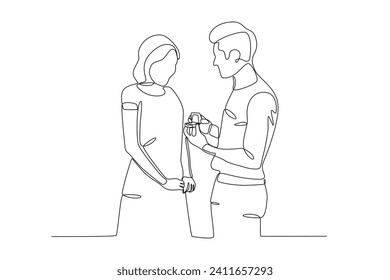 A man gives a ring to his partner on White Day. white day one-line drawing