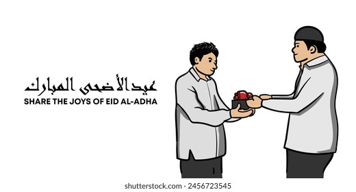 a man gives and shares meat qurbani to islamic relief in eid al adha moment celebration and festival. Banner or poster for eid al adha