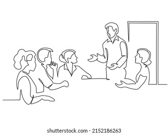 Man gives a talk to an audience at meeting. Continuous one line drawing. Business training concept. Vector graphic illustration