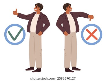 Man gives thumbs up or down. Hand gesture. Agree and disagree. Approve and reject. Vote choice. Positive or negative expression. Confirm finger. Correct and wrong answer