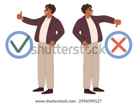 Man gives thumbs up or down. Hand gesture. Agree and disagree. Approve and reject. Vote choice. Positive or negative expression. Confirm finger. Correct and wrong answer