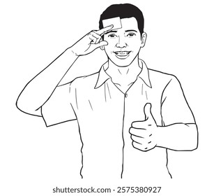 A man gives a thumbs up while holding up a card and laughs.. Illustration in black and white and vector format.