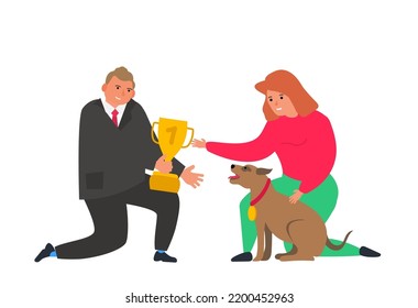 el hombre le da un goblet de copa de trofeo a las mujeres y su ilustración del vector de perro