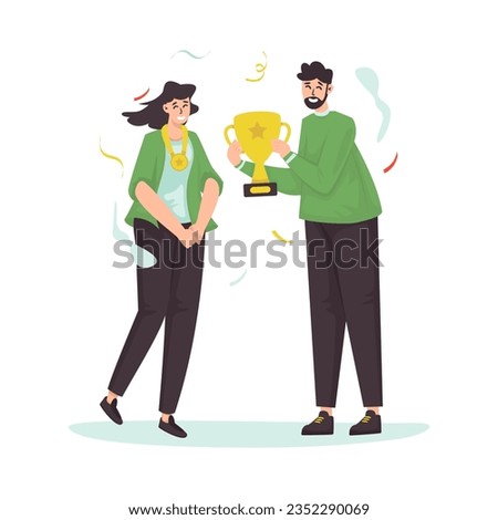 A man gives a trophy to a winning young woman, victory flat illustration