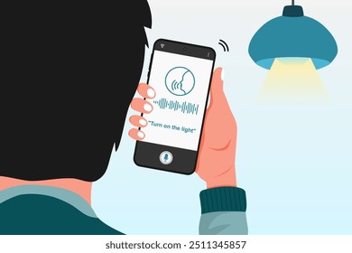 Man gives a voice command to a smart home application on his smartphone to turn on the light. Vector illustration.