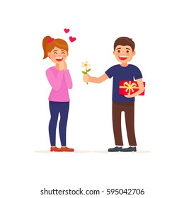 Man gives a woman a bouquet of flower and gift. Happy March 8 International Women's Day. Vector illustration in cartoon style