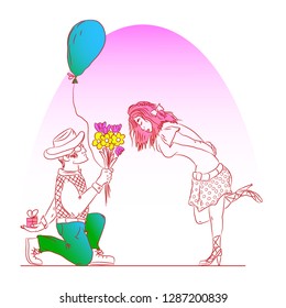 Man gives a woman a bouquet of flowers and gift box. Congratulations on a valentine day or women's Day. Hand drawn vector illustration in cartoon style.