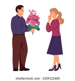 Man gives a woman a bouquet of flowers. Girl in a skirt and high heels rejoices at the gift. Vector illustration in flat style, isolated on white background.