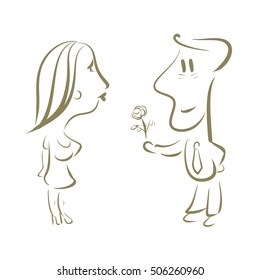 Man gives a woman a bouquet of flowers. First date. Vector illustration.