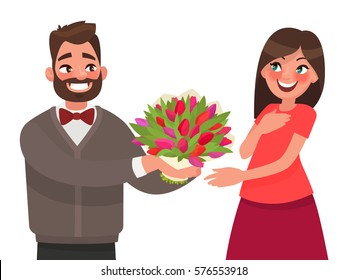 Man gives a woman a bouquet of flowers. Congratulations on a holiday or birthday. Vector illustration in cartoon style