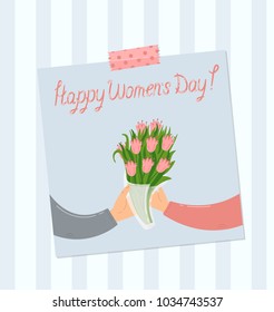 A man gives a woman a bouquet of tulips. Template of greeting card with International Women's Day. Postcard  with illustration and hand-written text on striped background. 