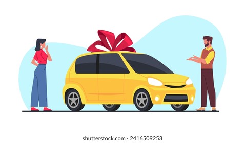 Man gives woman car as gift. Birthday surprise, automobile lottery prize, auto with red bow. Passenger personal city transport. Give congratulations. Cartoon flat isolated vector concept